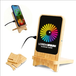 15W Bamboo Wireless Charger Stand with LED Light-Up Logo